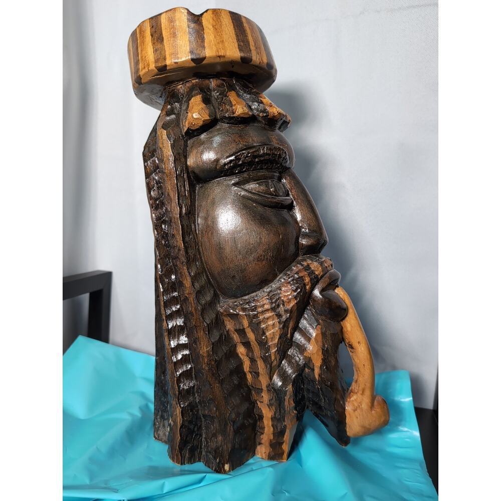 Hand Carved Wooden Head Sculpture Jamaican Folk Art Tribal 2002 Dated Ashtray - Picture 3 of 7